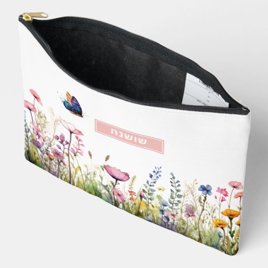 ヘブライ語の名前 メイクアップポーチ 野の花と蝶々 アクセサリーポーチ (見開き)
