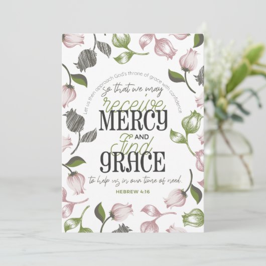 ヘブライ語4:16引用文とフローラアート白ver サンキューカード (スタンド正面)