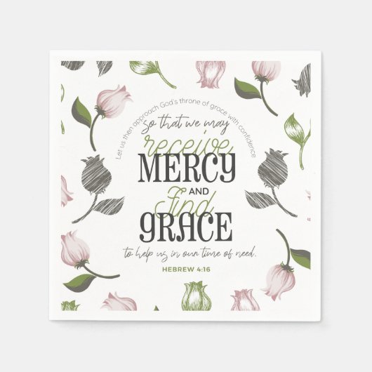 ヘブライ語4:16引用文とフローラアート白ver スタンダードカクテルナプキン (正面)