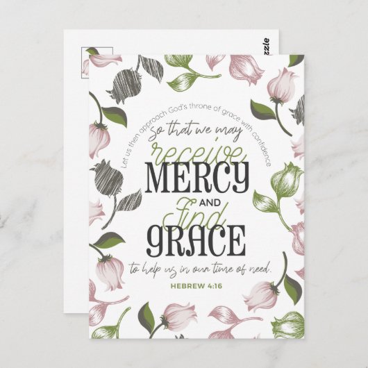 ヘブライ語4:16引用文とフローラアート白ver ポストカード (正面/裏面)