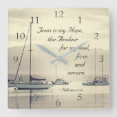 ヘブライ6:19 イエスは私の魂の錨、ヨット スクエア壁時計 (正面)