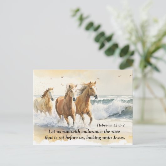 ヘブル12:1耐久バイブル走ホースで私たちを行こう ポストカード (スタンド正面)