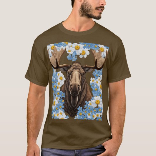 ヘラジカとアラスカのワスレナグサの花 Tシャツ (正面)