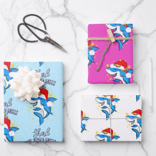 ヘラルドおもしろいエンジェルのシャークがクリスマスカードを歌う ラッピングペーパーシート (正面)