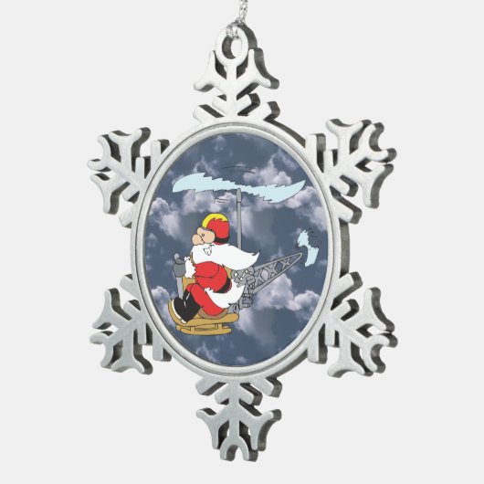 ヘリコプターでサンタクロース スノーフレークピューターオーナメント (右)