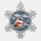 ヘリコプターでサンタクロース スノーフレークピューターオーナメント (正面)