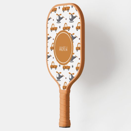 ヘリコプターと車キッドおもちゃパターン&ボーイネーム ピックルボールラケット (左)