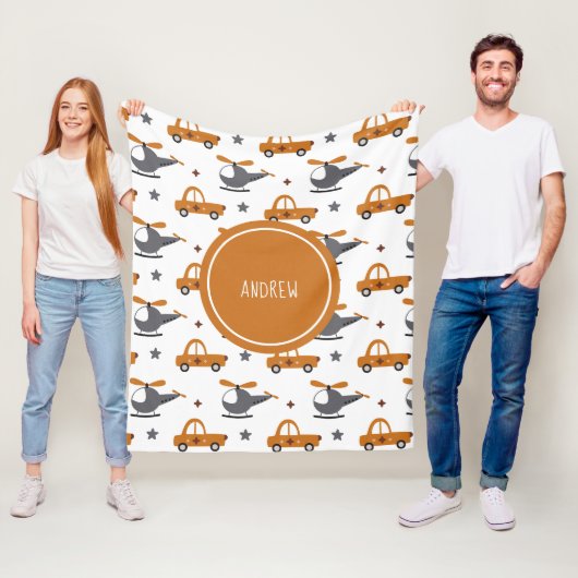 ヘリコプターと車キッドおもちゃパターン&ボーイネーム フリースブランケット (インサイチュ)