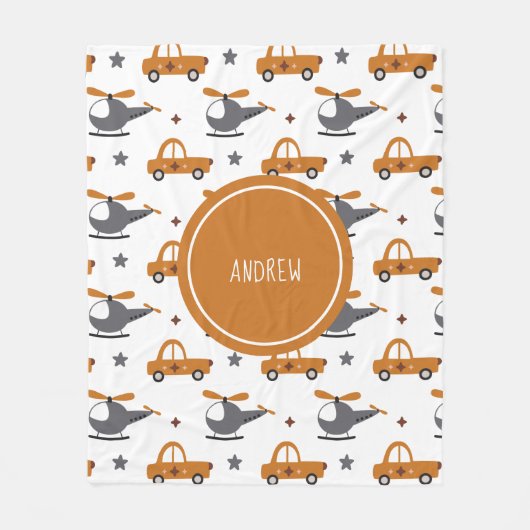 ヘリコプターと車キッドおもちゃパターン&ボーイネーム フリースブランケット (正面)