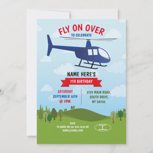 ヘリコプターの誕生日パーティーが赤い青の上を飛ぶ 招待状 (正面)