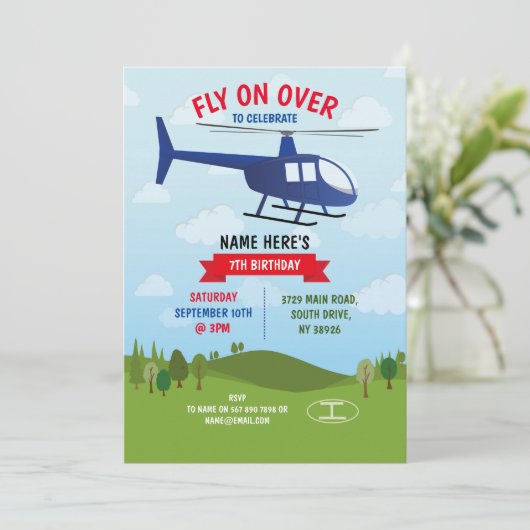 ヘリコプターの誕生日パーティーが赤い青の上を飛ぶ 招待状 (スタンド正面)