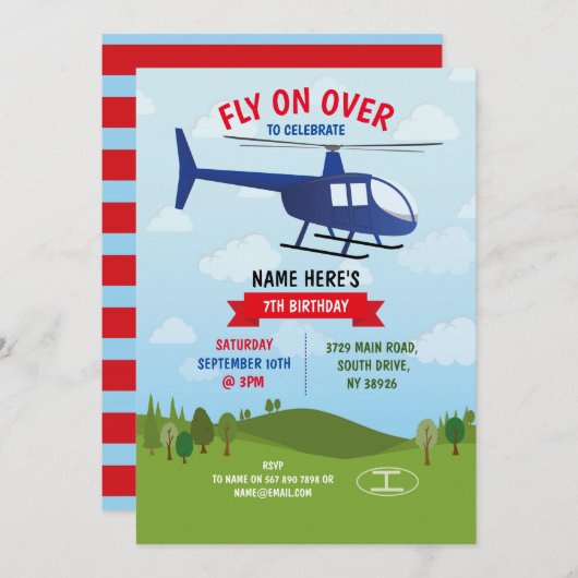 ヘリコプターの誕生日パーティー飛行オーバーレッドブルー 招待状 (正面/裏面)