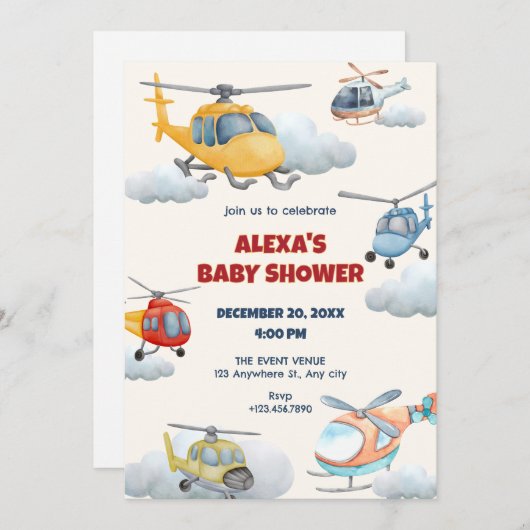 ヘリコプターカラフルベビーシャワー招待状 招待状 (正面/裏面)