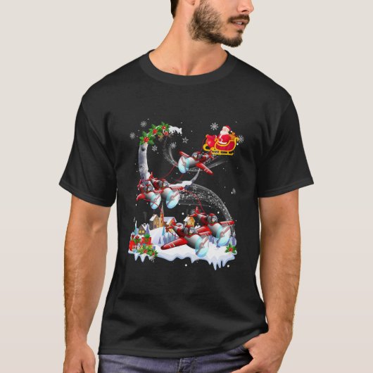 ヘリコプタートナカイサンタおもしろいパイロットクリスマス Tシャツ (正面)