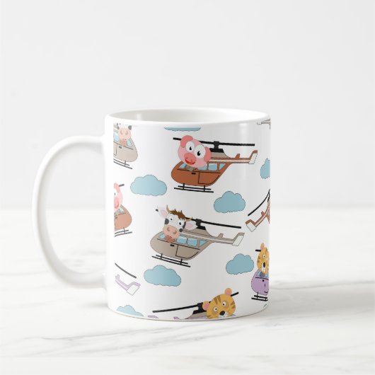 ヘリコプターパターンのかわいい動物 コーヒーマグカップ (左)