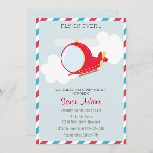 ヘリコプターベビーシャワー招待状青い赤 招待状 (正面/裏面)