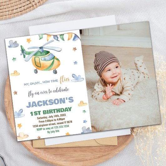 ヘリコプター誕生日招待状イエローグレー写真 招待状