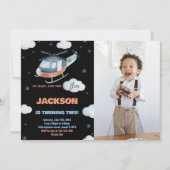 ヘリコプター誕生日招待状ブラックBK w写真 招待状 (正面)
