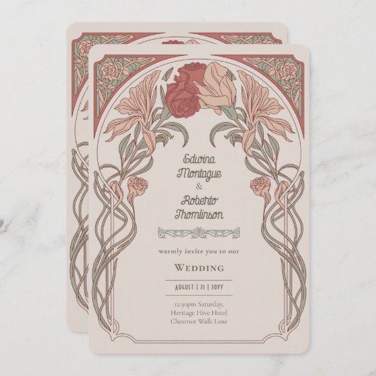 ヘリテージ アール・ヌーヴォー ボタニカル ウェディング テラコッタ 招待状 (正面/裏面)