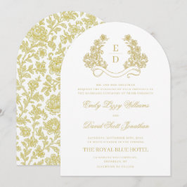 ヘリテージ ゴールドとホワイトのモノグラム アーチ ウェディング 招待状