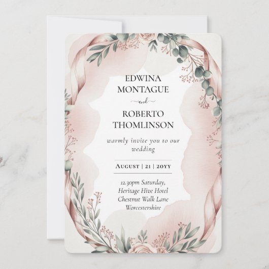 ヘリテージ ブラッシュ リボン 水彩 ボタニカル ウェディング 招待状 (正面)