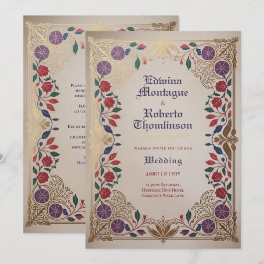 ヘリテージ ミディアムエイジ フローラル ウェディング パープル レッド ゴールド 招待状 (正面/裏面)