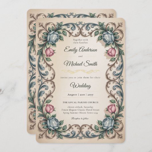 ヘリテージ | ヴィクトリアン ロココ ローズ ブルー エレガンス 招待状 (正面/裏面)