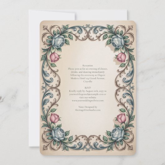 ヘリテージ | ヴィクトリアン ロココ ローズ ブルー エレガンス 招待状 (裏面)