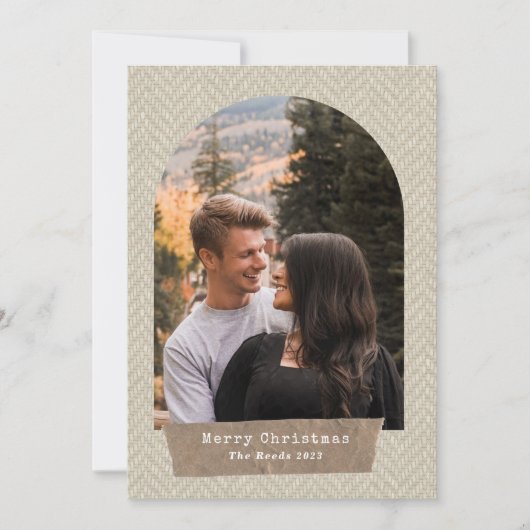 ヘリンボーンツイード破れた紙アーチクリスマスフォト シーズンカード (正面)