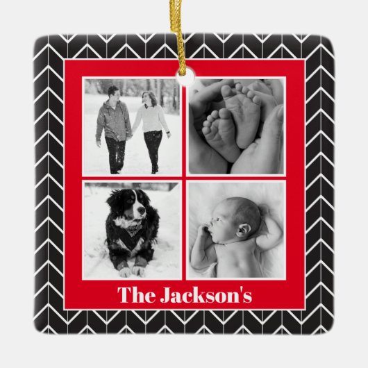 ヘリンボーンフォトコラージクリスマスセモダンラミック セラミックオーナメント (正面)