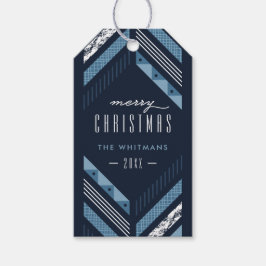 ヘリンボーン バンド ホリデー フォト ギフト タグ - ブルー