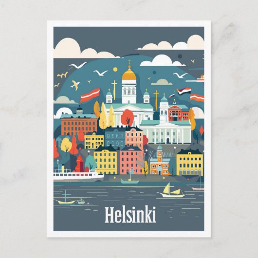 ヘルシンキフィンランドアートヴィンテージトラベルイラストレーション ポストカード (正面)