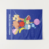 ヘルシーな食べ物のピラミッドおもしろい型の漫画イラストレーション タペストリー (正面(横))