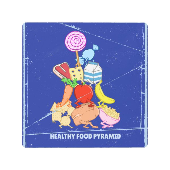 ヘルシーな食べ物のピラミッドおもしろい型の漫画イラストレーション メタルプリント (正面)