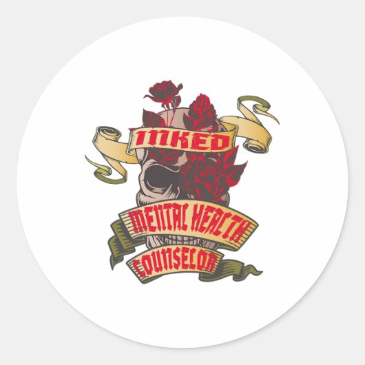 ヘルスカウンセラーのインクスカルと赤いバラの入れ墨 ラウンドシール (正面)