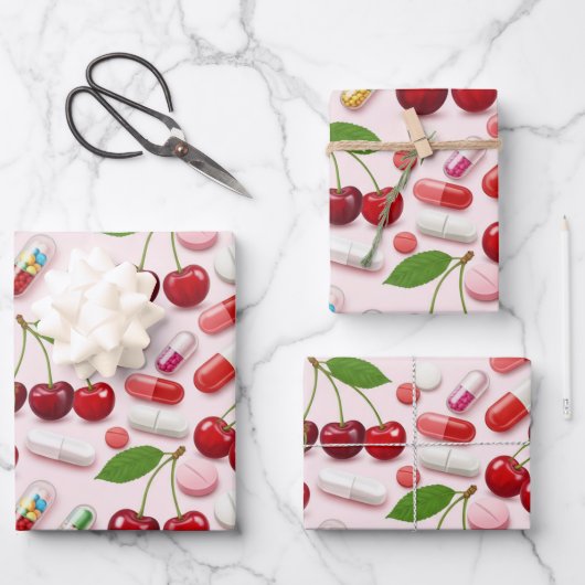 ヘルスケア&薬局さくらんぼピンクカプセル ラッピングペーパーシート (正面)