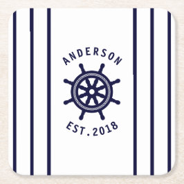 ヘルム航海のホワイトとネイビーブルーストライプのカスタム スクエアペーパーコースター