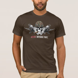 ヘルメットが付いているゾンビの防衛力の飛んだスカル Tシャツ