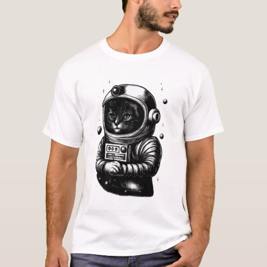 ヘルメットをかぶった宇宙探検猫 Tシャツ (正面)