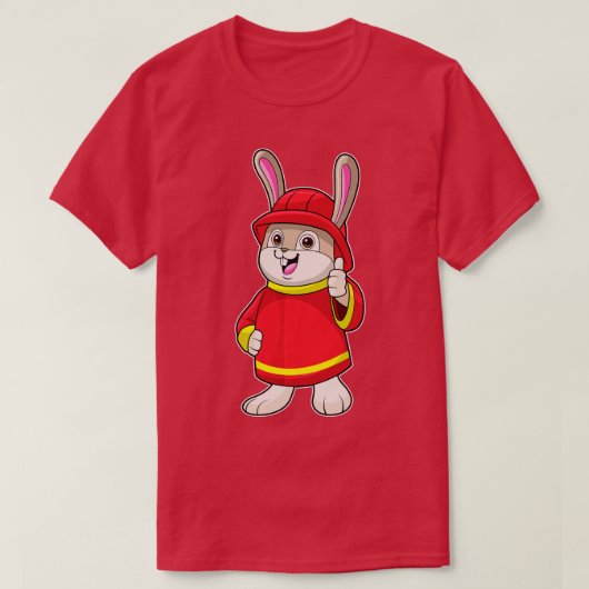 ヘルメットを被った消防士としてのウサギ Tシャツ (デザイン正面)