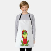 ヘルメットを装着した消防士としてのカエル エプロン (着用した状態)