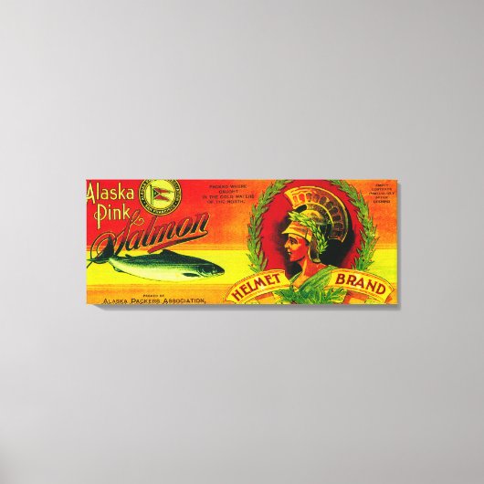 ヘルメットサーモン缶ラベル付け， AK キャンバスプリント (正面)
