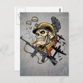 ヘルメット、飛行機、爆弾を装備したスカル ポストカード (正面/裏面)