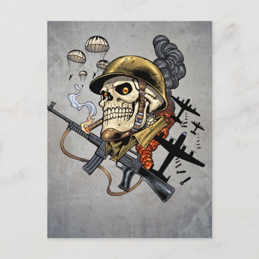 ヘルメット、飛行機、爆弾を装備したスカル ポストカード (正面)
