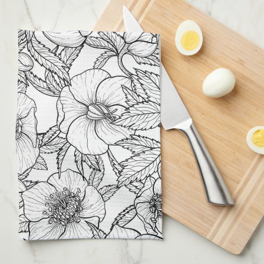 ヘレボレスの白黒 キッチンタオル (四つ折り)