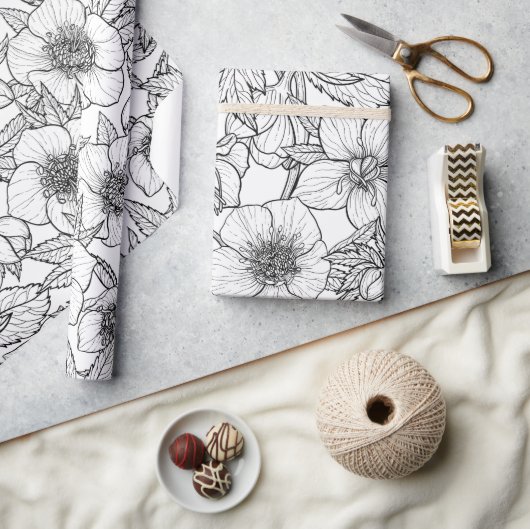 ヘレボレスの白黒 ラッピングペーパー (クラフト)