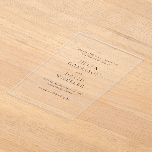 ヘレンクラシックエレガントな結婚式の日付を保存 アクリル招待状 (レイダウン)
