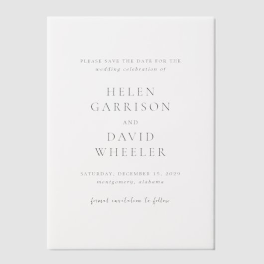 ヘレンクラシックエレガントな結婚式の日付を保存 ベラム紙招待状 (正面)