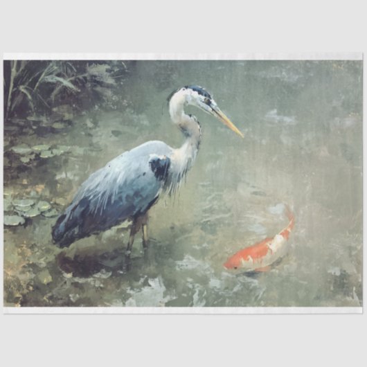 ヘロンと鮮やかコイ魚 薄葉紙 (正面)