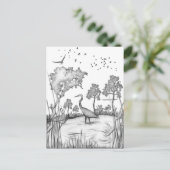 ヘロンのシーン黒と白のスケッチフラクタル ポストカード (スタンド正面)